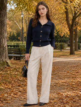 Cardigan blu navy donna in maglia a coste con bottoni dorati e collo polo