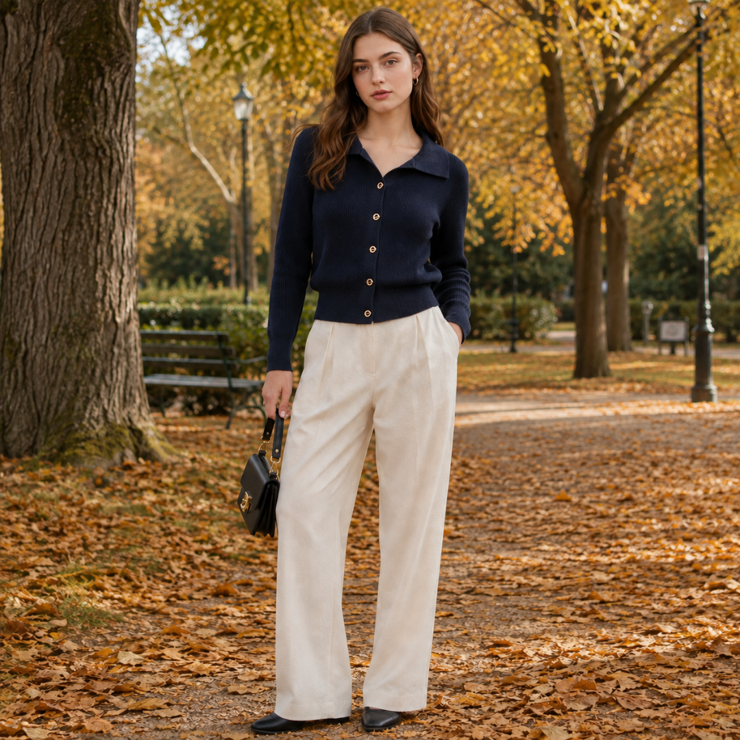Cardigan blu navy donna in maglia a coste con bottoni dorati e collo polo