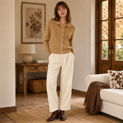 Cardigan cammello donna con bottoni sul davanti e collo polo, maniche lunghe