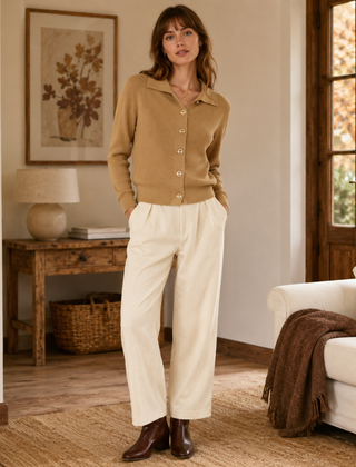 Cardigan cammello donna con bottoni sul davanti e collo polo, maniche lunghe