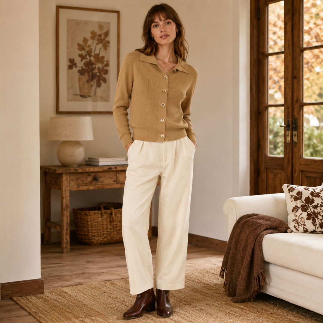 Cardigan cammello donna con bottoni sul davanti e collo polo, maniche lunghe
