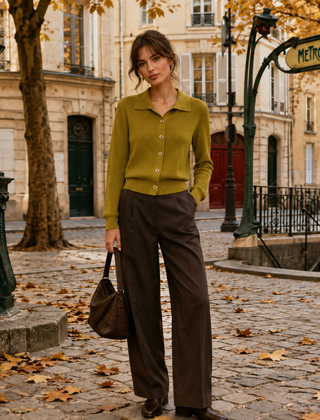 Cardigan verde oliva donna a coste con collo polo aperto e bottoni chiari