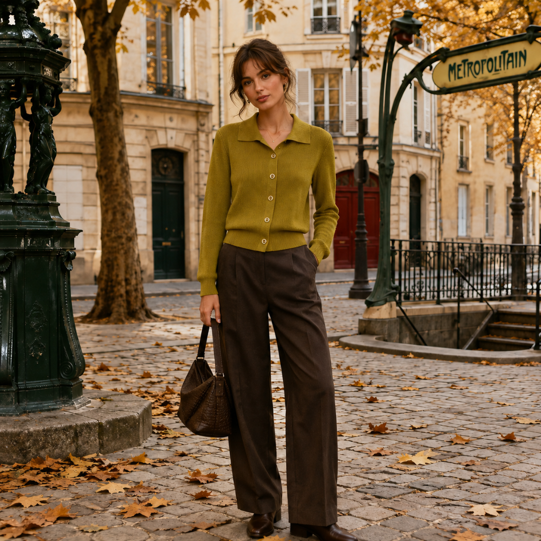 Cardigan verde oliva donna a coste con collo polo aperto e bottoni chiari