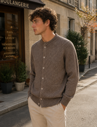 Cardigan uomo cammello con maglia a rombi e bottoni sul davanti, vista laterale