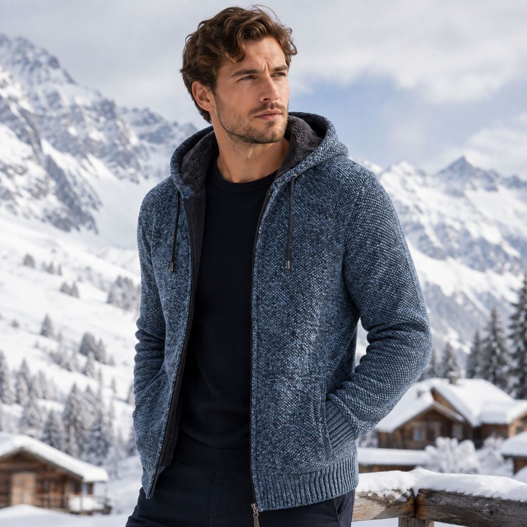 Cardigan uomo blu melange in maglia con cappuccio, zip integrale e tasche laterali