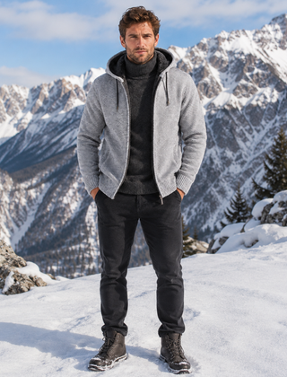 Cardigan uomo grigio chiaro in maglia con cappuccio e zip aperta, indossato con pantaloni scuri