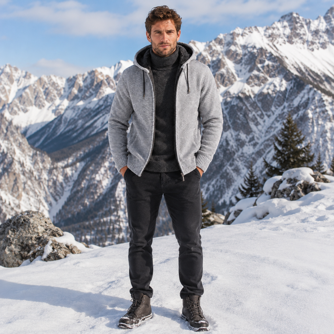 Cardigan uomo grigio chiaro in maglia con cappuccio e zip aperta, indossato con pantaloni scuri