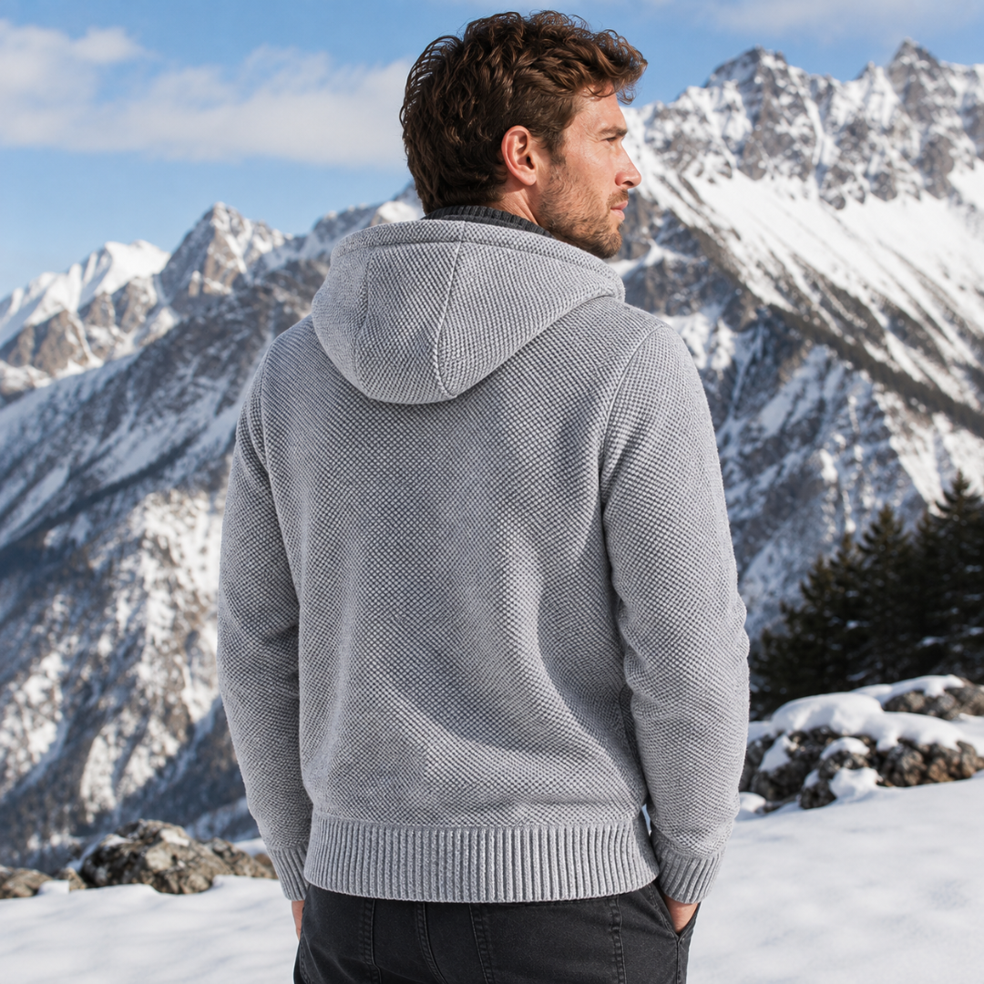 Retro del cardigan uomo grigio chiaro con cappuccio e bordo inferiore a coste