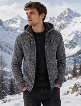Cardigan uomo grigio scuro con cappuccio effetto peluche, zip aperta e polsini a coste