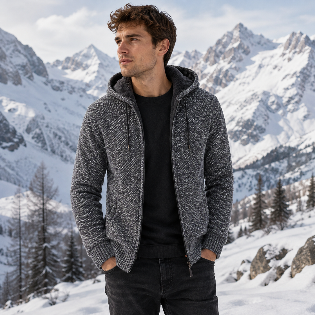 Cardigan uomo grigio scuro con cappuccio effetto peluche, zip aperta e polsini a coste