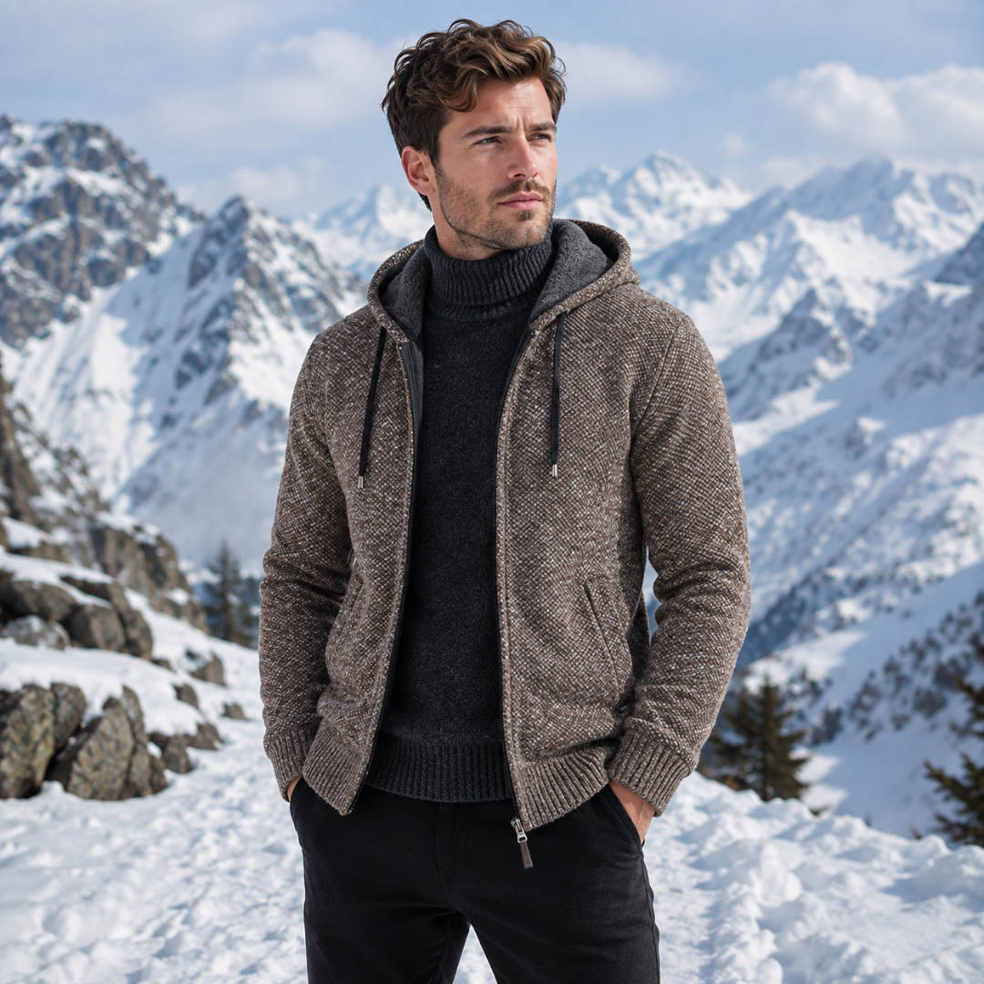 Cardigan uomo marrone con cappuccio, lacci coulisse e maglia a trama fitta