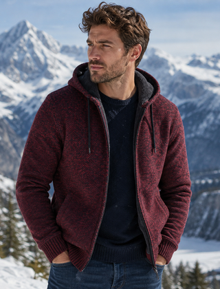 Cardigan uomo rosso in maglia con cappuccio aperto e zip lunga frontale
