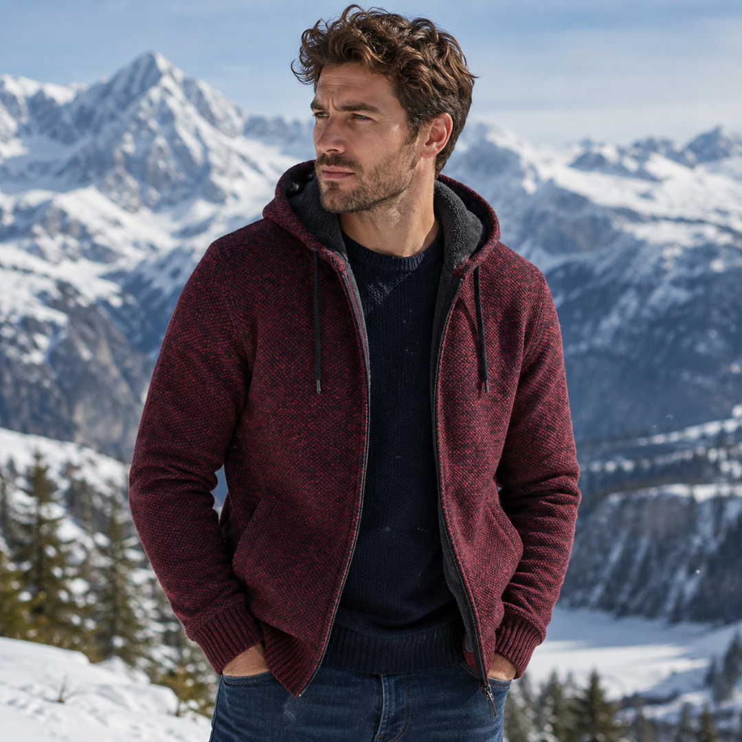 Cardigan uomo rosso in maglia con cappuccio aperto e zip lunga frontale