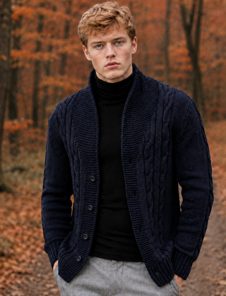 Cardigan uomo blu navy con collo a scialle e trecce, bottoni sul davanti
