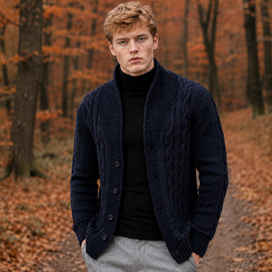 Cardigan uomo blu navy con collo a scialle e trecce, bottoni sul davanti