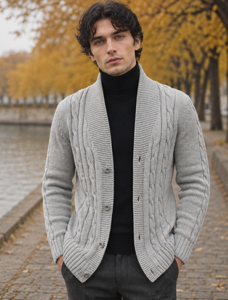 Cardigan uomo grigio con collo a scialle, bottoni e tasche laterali