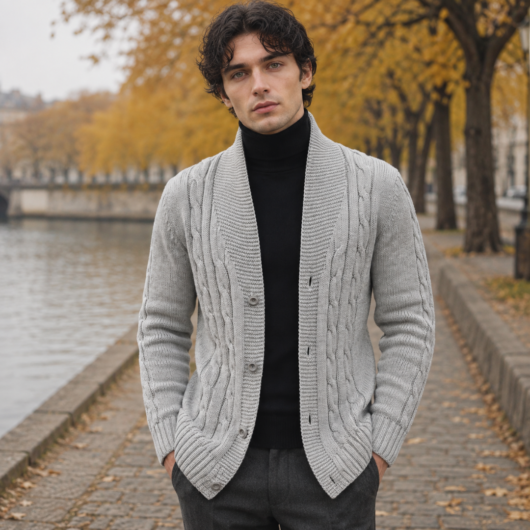 Cardigan uomo grigio con collo a scialle, bottoni e tasche laterali
