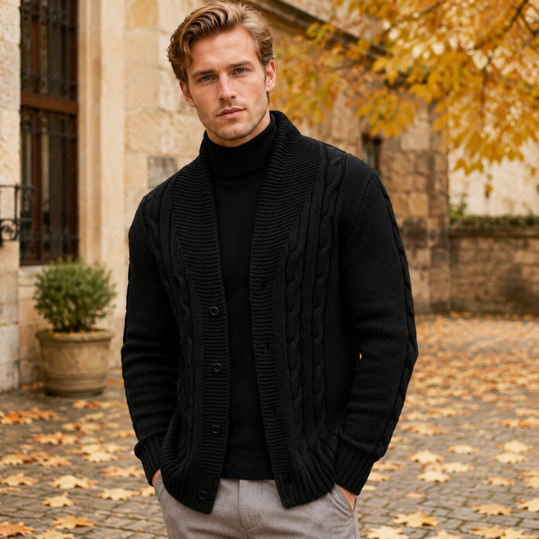 Cardigan uomo nero a trecce con collo a scialle e tasche laterali