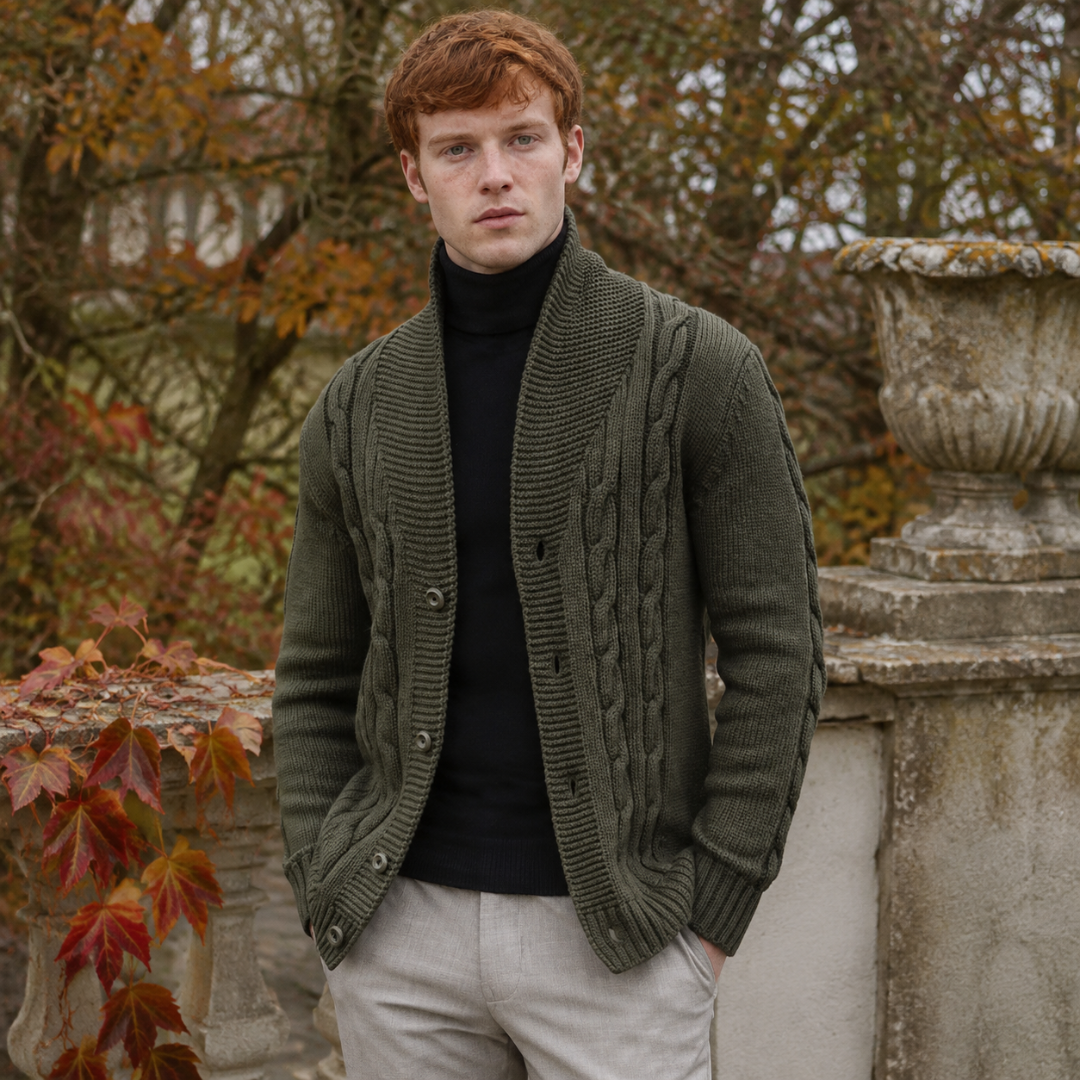 Cardigan uomo verde militare a trecce con collo a scialle e bottoni frontali
