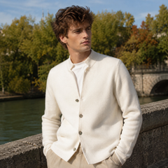 Cardigan uomo beige chiaro con bottoni e collo alla coreana, maniche lunghe