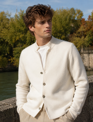 Cardigan uomo beige chiaro con bottoni e collo alla coreana, maniche lunghe