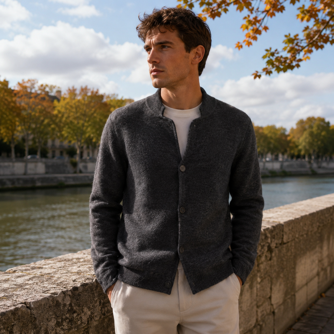 Cardigan uomo grigio scuro con collo alla coreana e chiusura con bottoni