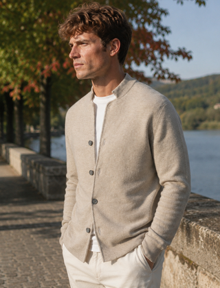 Cardigan uomo kaki con bottoni e collo alla coreana indossato su T-shirt bianca