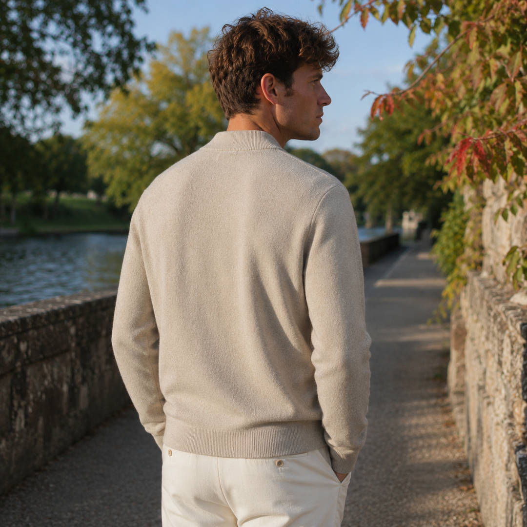 Retro del cardigan uomo kaki con orlo a coste e collo alla coreana