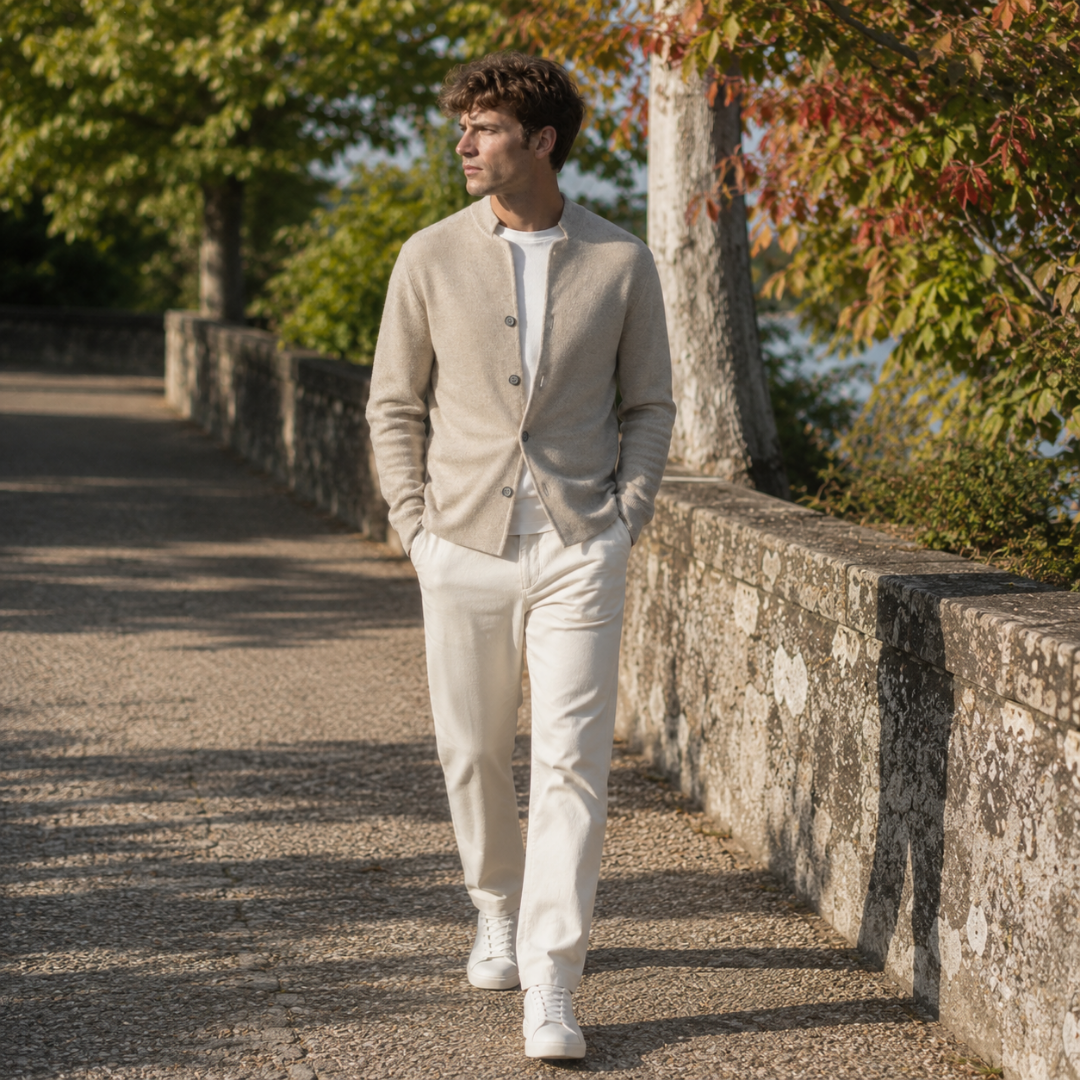 Cardigan uomo kaki abbinato a pantaloni bianchi e sneakers, vista intera