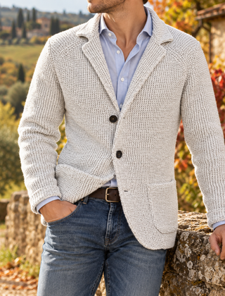 Cardigan uomo bianco in maglia a coste con revers e bottoni scuri
