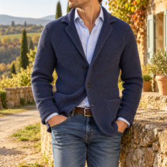 Cardigan uomo blu navy in maglia a coste con revers e fondo a coste