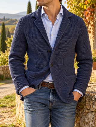 Cardigan uomo blu navy in maglia a coste con revers e fondo a coste