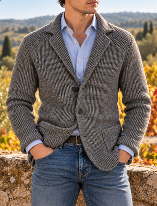 Cardigan uomo grigio in maglia a coste con revers e due bottoni