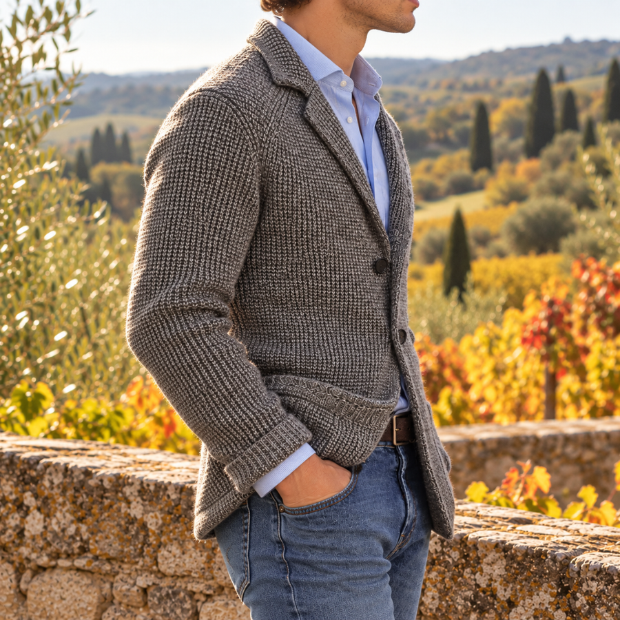 Vista laterale del cardigan grigio con tasca applicata e polsino a coste