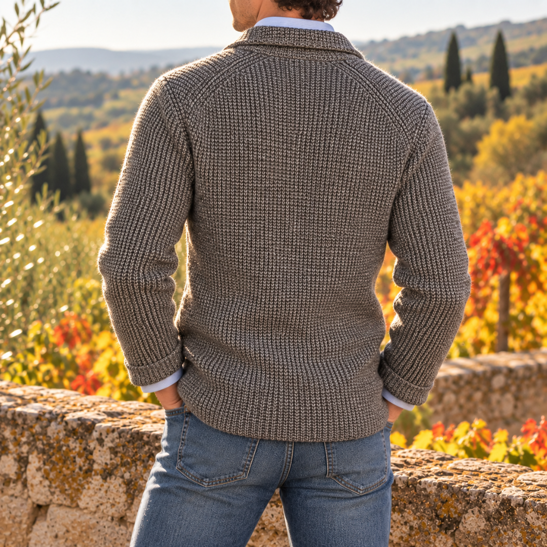 Retro del cardigan uomo grigio in maglia a coste con spalle raglan