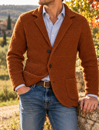 Cardigan uomo marrone con collo a revers, due bottoni e tasche applicate