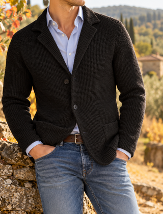 Cardigan uomo nero con revers, chiusura a due bottoni e tasche davanti