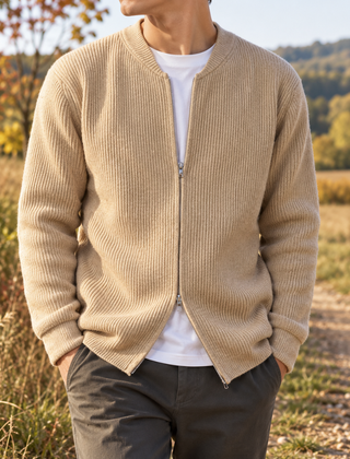 Cardigan uomo beige in maglia a coste con zip centrale e t-shirt bianca sotto