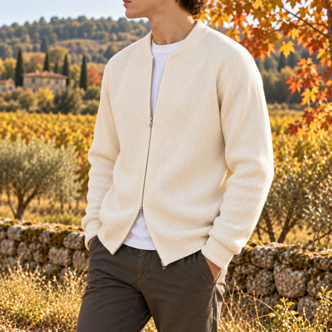 Cardigan uomo bianco aperto con zip a doppio cursore e collo basso a costine