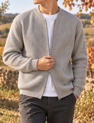 Cardigan uomo grigio a coste verticali con zip metallica e collo basso