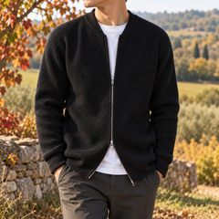 Cardigan uomo nero in maglia a coste con zip argentata e polsini a costine