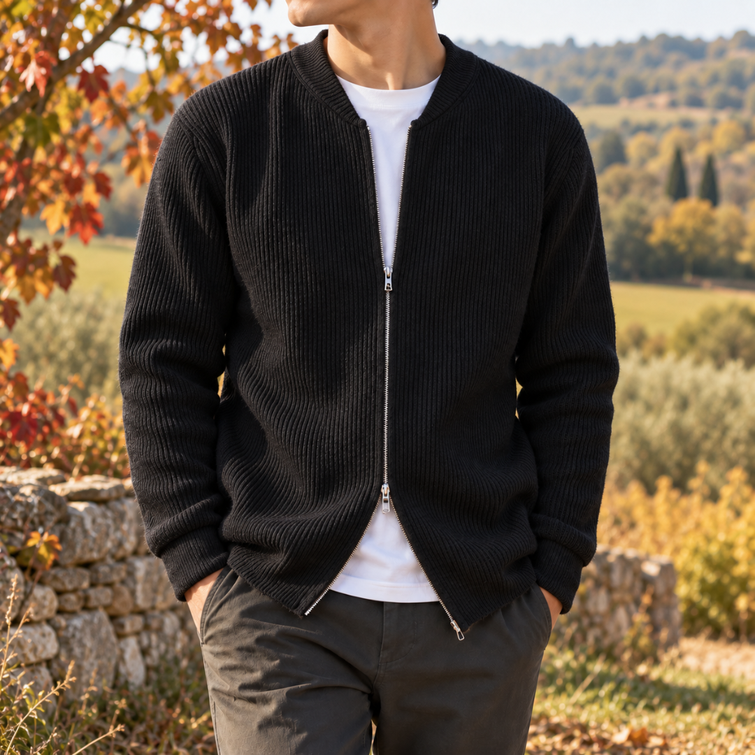 Cardigan uomo nero in maglia a coste con zip argentata e polsini a costine