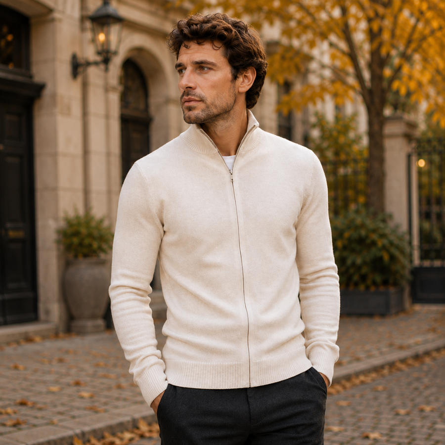 Cardigan beige uomo chiuso con zip, bordi a coste su fondo e polsi