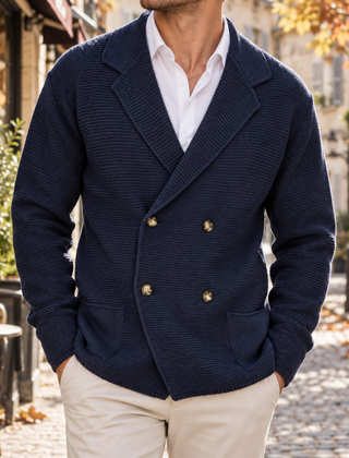 Cardigan uomo blu navy doppiopetto con revers e tasche applicate sul davanti