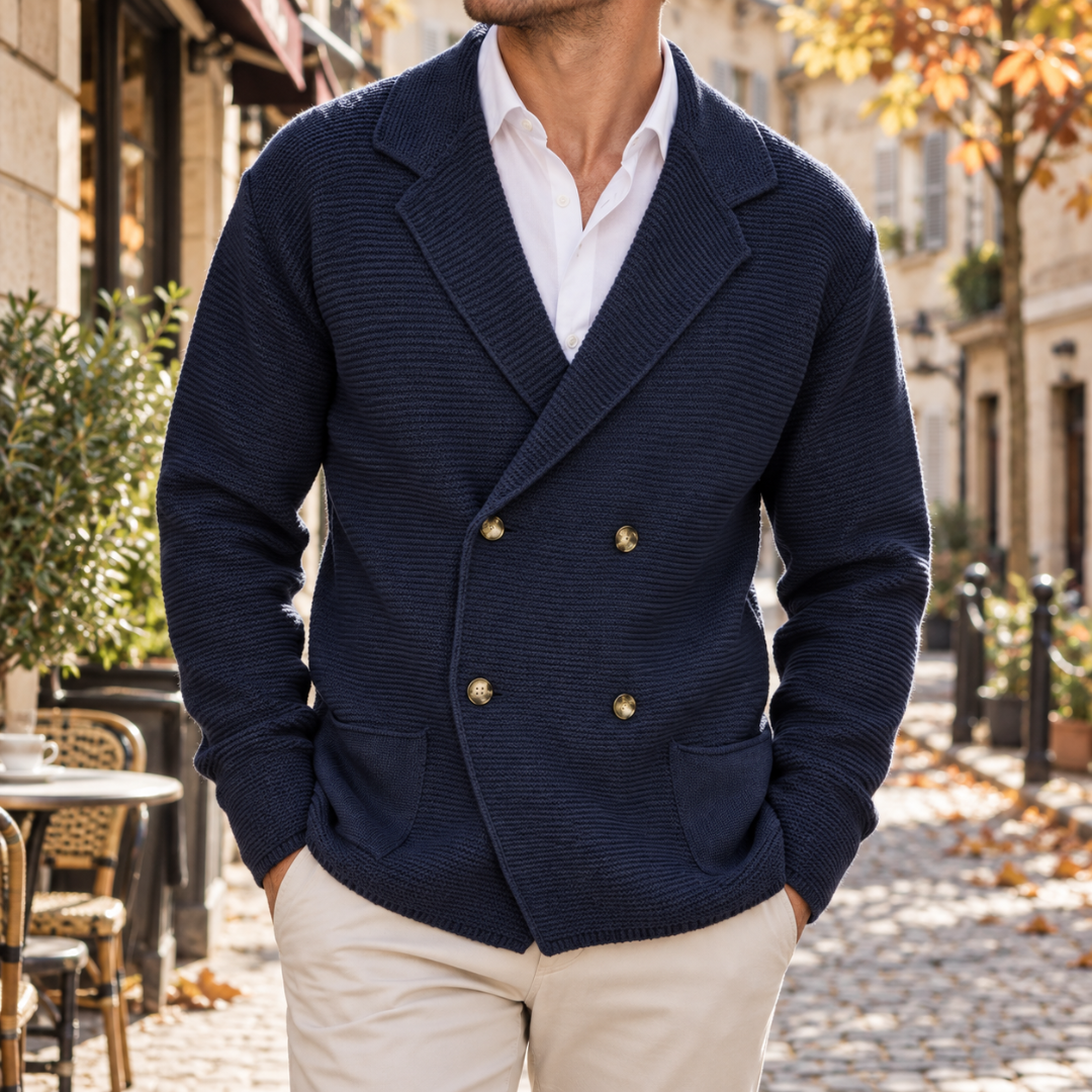 Cardigan uomo blu navy doppiopetto con revers e tasche applicate sul davanti