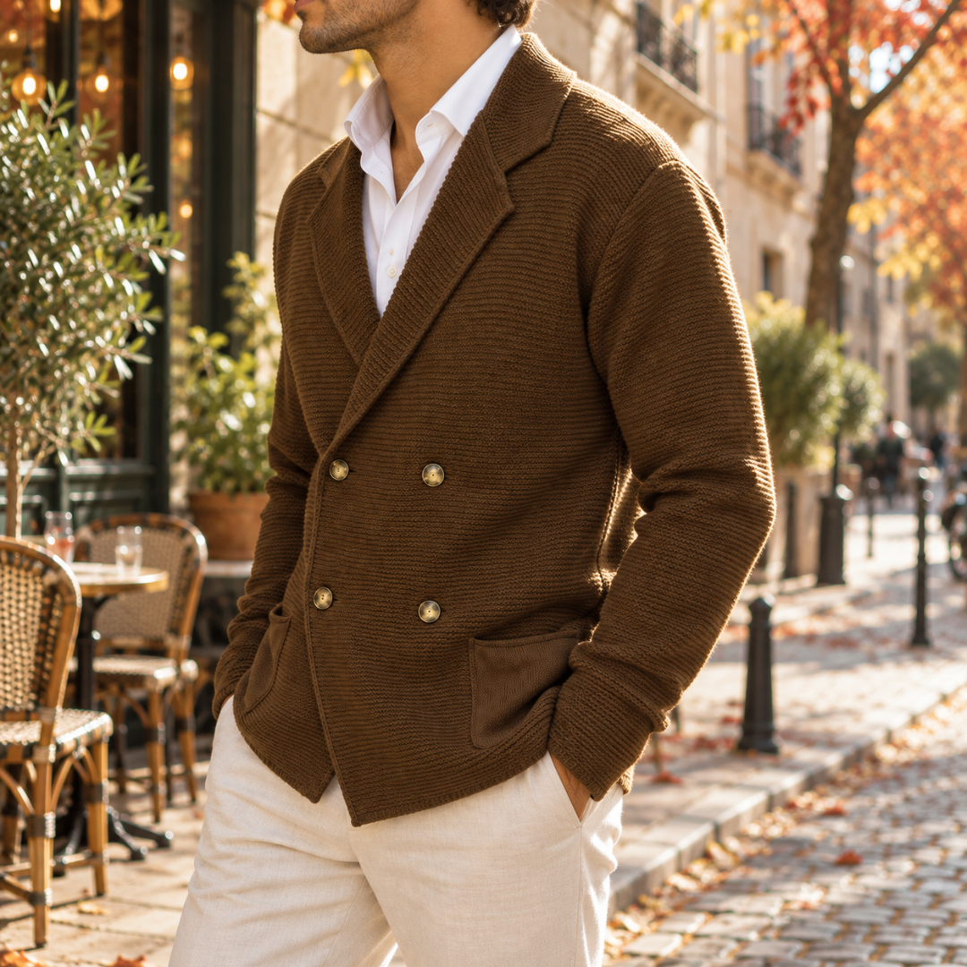 Cardigan marrone di tre quarti con quattro bottoni e tasche applicate