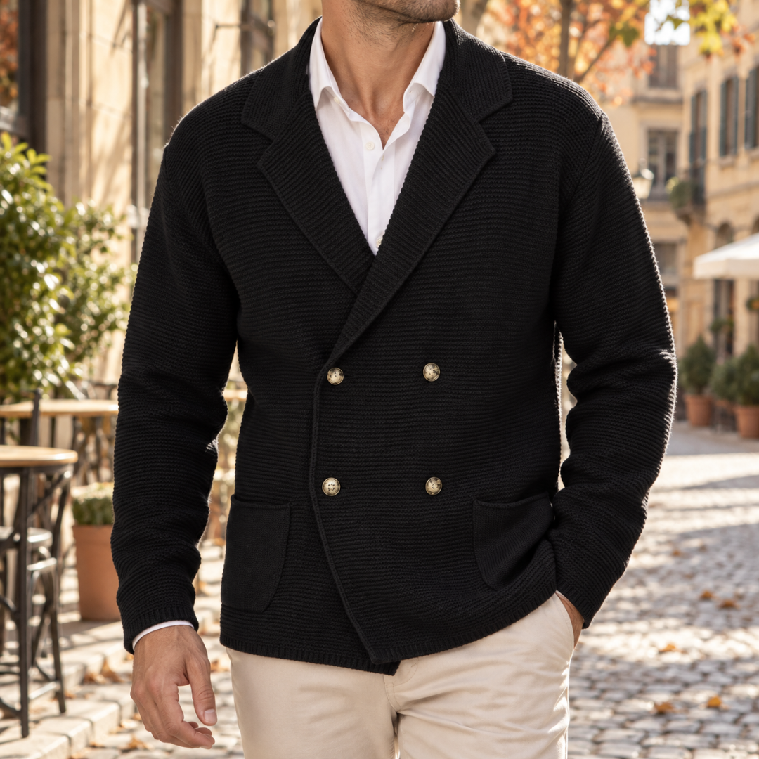 Cardigan uomo nero in maglia doppiopetto con collo a revers e bottoni