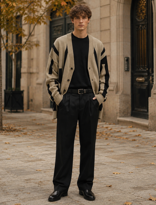 Cardigan uomo beige con blocchi neri verticali, scollo a V e bottoni frontali