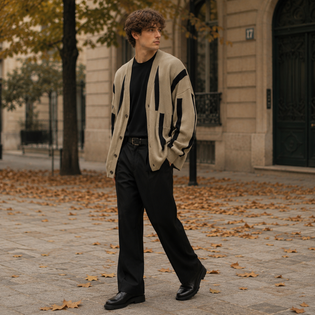 Cardigan beige uomo visto di tre quarti, motivo geometrico nero e bordi a coste