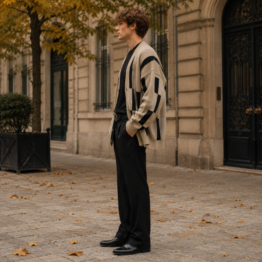 Profilo del cardigan uomo beige con grafica nera sulle maniche lunghe